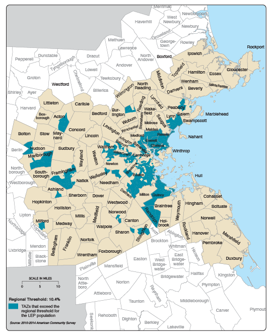 This map shows the TAZs in the Boston Region MPO that exceed the LEP threshold of 10.4 percent.